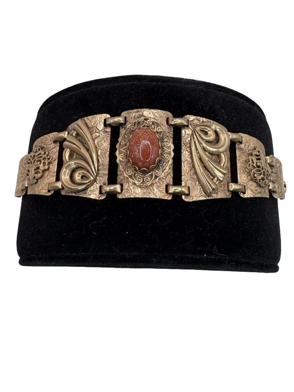 Vintage Gold Tone Etched Panel Bracelet GoldStone Floral & Scroll 7" Art Deco